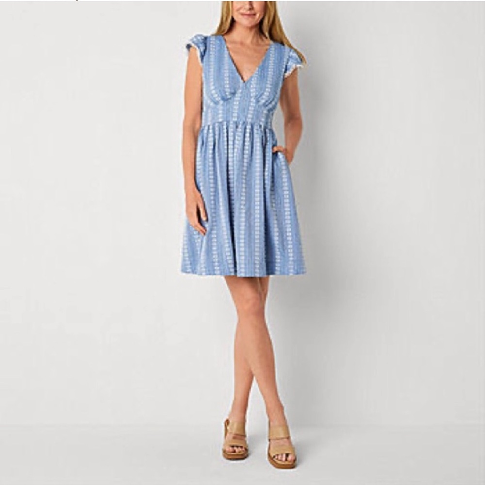 Peyton & Parker Blue White V-Neck Ruffle Sleeveless Cotton Floral Dress Size L